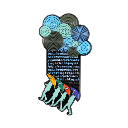 Rainwalk Pin featuring colorful spiral cloud design with four silhouetted figures walking beneath, surrounded by random letters. Enamel pin approximately 2.25