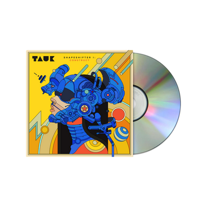 CD album cover for Shapeshifter I: Construct EP by TAUK featuring vibrant yellow background with abstract blue robotic figure. Compact disc visible beside album art showcasing iridescent surface.