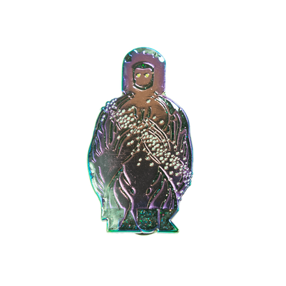 Limited edition rainbow metallic pin featuring a stylized figure in a robe holding a staff. Intricate details on the 2-inch tall design with iridescent colors shifting across the surface, creating a mesmerizing nebula-like effect.