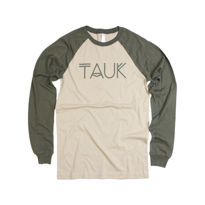 Tauk Logo on a Tan and Army Green Long Sleeve T-Shirt