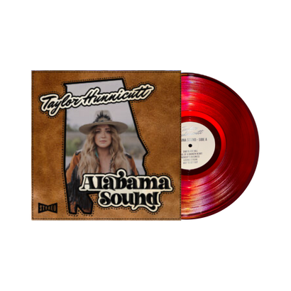 Limited edition 'Alabama Sound' vinyl record by Taylor Hunnicutt in vibrant Roll Tide Red, featuring album cover with artist's image and state-shaped design, showcasing the debut country music collection