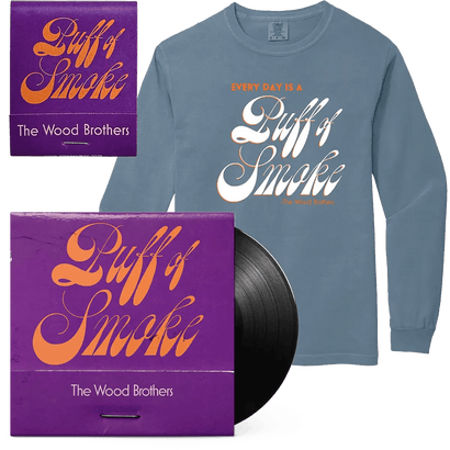 Purple vinyl record sleeve and matchbook with orange Puff of Smoke text next to a blue long sleeve shirt with matching graphic design