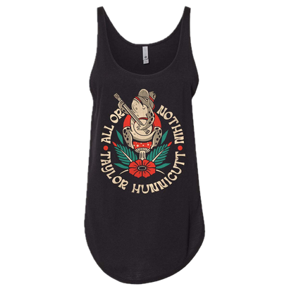 Black graphic tank top with frog playing banjo design with circular text