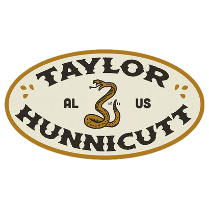 Oval sticker featuring Taylor Hunnicutt logo with stylized snake design in center, gold border and black lettering on cream background, 4 inches wide