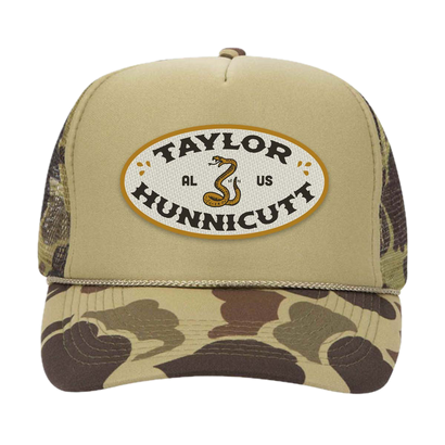 Taylor Hunnicutt snake patch on khanki and camo trucker hat