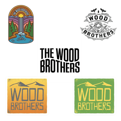 Set of five The Wood Brothers stickers featuring nature and logo designs in various colors and styles