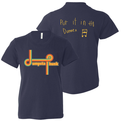 Lines Youth Tee in Navy featuring retro-style Dumpsta Phunk graphic on front and Put it in the Dumpsta text with truck icon on back. Cotton jersey t-shirt with colorful rainbow-inspired logo design in orange, yellow and red tones.