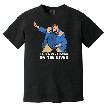 NVC By the River black t-shirt featuring cartoon illustration of person in blue jacket with text about building vans by river