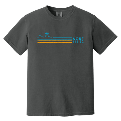 Dark grey t-shirt with NVC Mtn design featuring blue mountain silhouette and retro-style stripes in blue and orange
