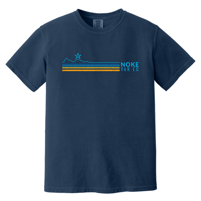 NVC Mtn Navy t-shirt with mountain silhouette and retro striped design in blue and orange, featuring Noke Van Co logo