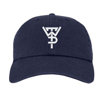 Navy blue WTP Dad Hat featuring a minimalist white geometric logo design centered on the front. Classic unstructured baseball cap style with a curved brim and adjustable closure for comfortable everyday wear.