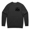 Black crewneck sweatshirt with circular logo on left chest featuring text