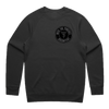 Black crewneck sweatshirt with circular logo on left chest featuring text 