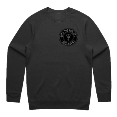 Black crewneck sweatshirt with circular logo on left chest featuring text 