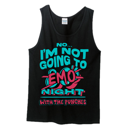 Black tank top with bright teal and pink text saying 