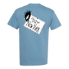 Light blue t-shirt featuring a stylized black and white 