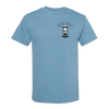 Light blue t-shirt with small hourglass graphic and text 