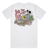 White t-shirt with colorful back print featuring cartoon possum relaxing on a log, reading 