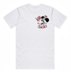 White t-shirt with small graphic design on left chest featuring handwritten-style text 