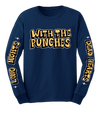 Navy blue long sleeve t-shirt with yellow text 