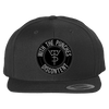 Black snapback hat with circular logo featuring 