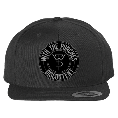 Black snapback hat with circular logo featuring 