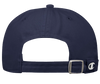 Back view of WTP Dad Hat in classic navy blue, featuring an adjustable metal and fabric strap closure with antique silver buckle detail for customized fit